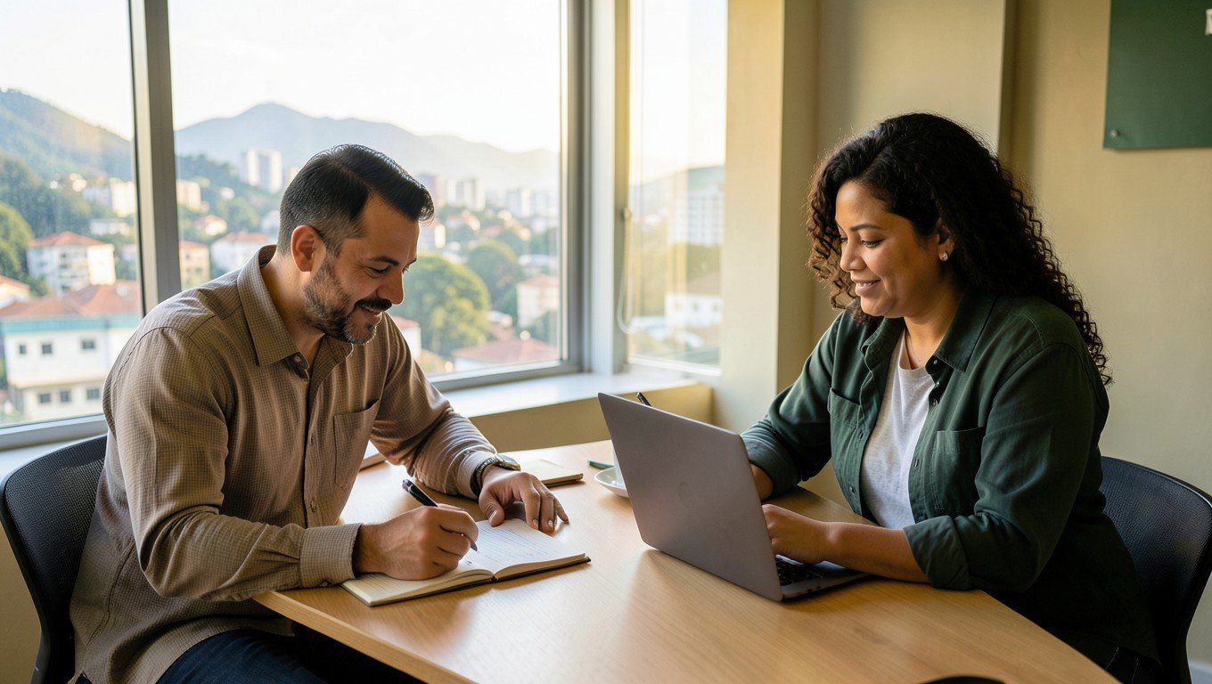 Fotografía ilustrativa de dos personas revisando juntas un plan financiero en un espacio de trabajo
